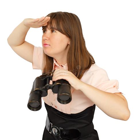 Business Woman With Binoculars Looking Into The Distance Stock Photo