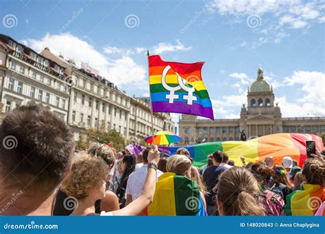 Rainbow Flag In The Crowd At The Prague Gay Pride Editorial Stock Photo