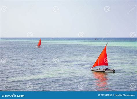 Sailboat With Red Sail On The Sea Reggata Concept Marine Race Yacht