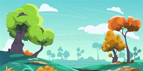 Cartoon Landscape Background Countryside With Green Meadows And Hills