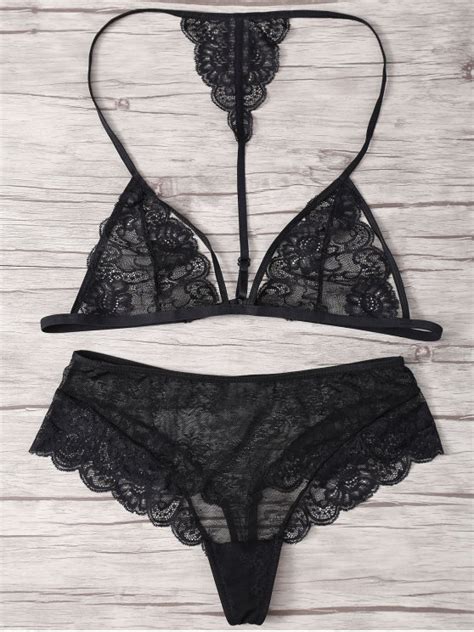 Hollow Out Lace Bra Set Black Intimates L Zaful