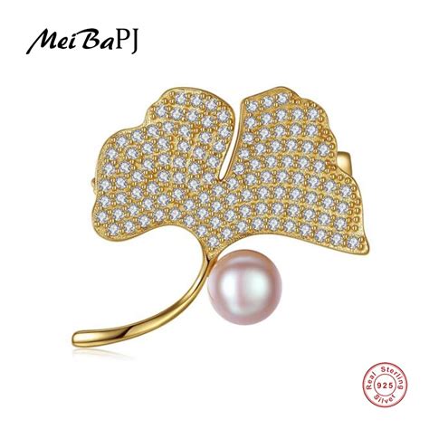 Meibapj Luxourious Real Natural Pearl Ginkgo Leaf Brooch S925 Solid