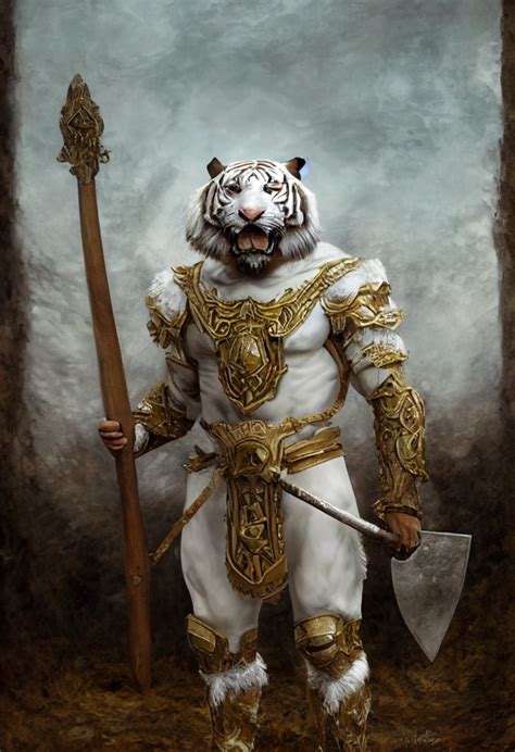 A White Humanoid Tiger In Brown Leather Armor Holding Midjourney