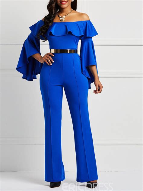 ericdress ruffles off shoulder flare sleeve women s jumpsuit without waistband jumpsuits for