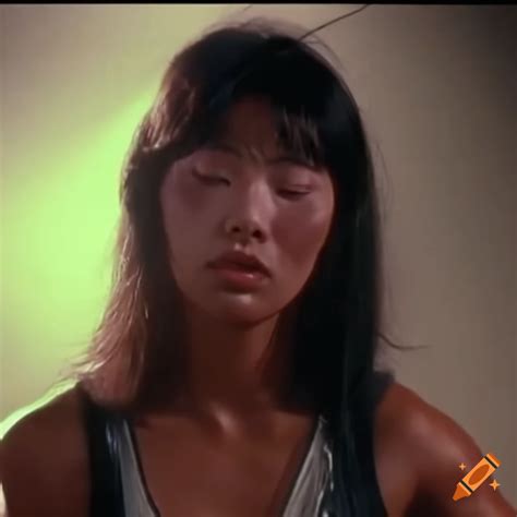 asian female fighter with bruised face from an 80s movie scene on craiyon