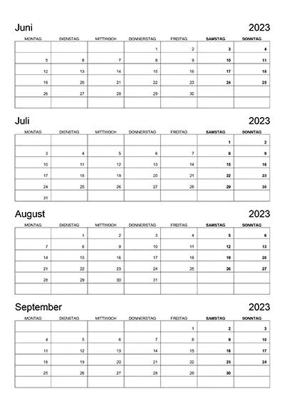 Kalender Juni Juli August September 2023 Kalendersu