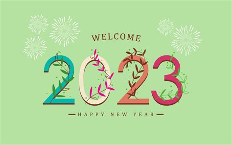 Welcome New Year 2023 With Leaf Ornament Aesthetic Vector Design