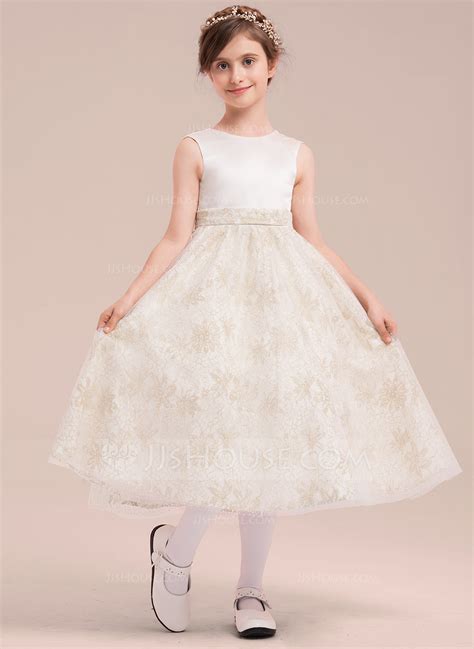 a line princess tea length flower girl dress satin tulle lace sleeveless scoop neck with bow s