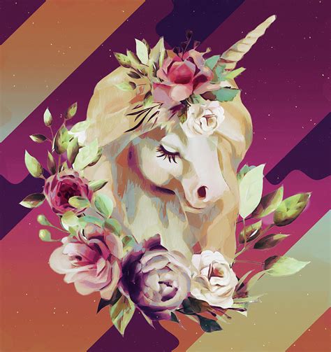 Shy Golden Unicorn With Flowers Modern Artist Painting By Elaine Plesser