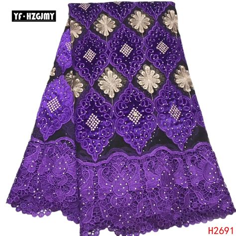 Yf Hzgjmay African Lace Fabric Purple Nigerian Cotton Laces High Quality With Rhinestones French