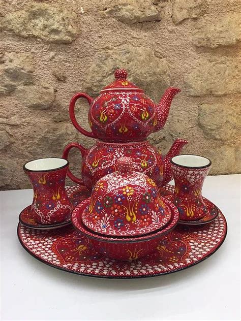 Turkish Ceramic Tea Set With Tea Pot Red Grandbazaarshopping Com