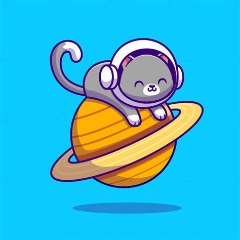 Cartoon Astronaut Cat Lying On Saturn Planet Vector