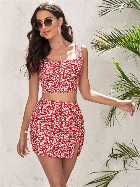 Ditsy Floral Crop Tank Top And Split Hem Skirt Set Shein Usa Split Hem Skirt Floral Print