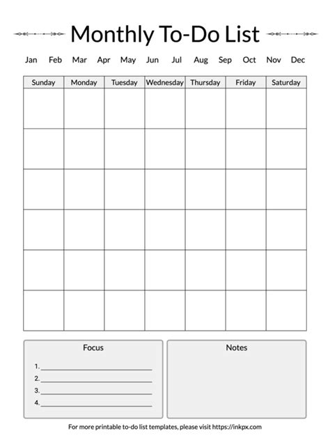 Printable Simple Calendar Style Monthly To Do List Template · Inkpx