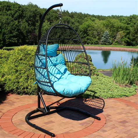 Sunnydaze Julia Hanging Egg Chair With Stand And Blue Cushions Comfy