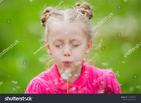 Beautiful Little Girl Blowing Dandelion Stock Photo 1102846055