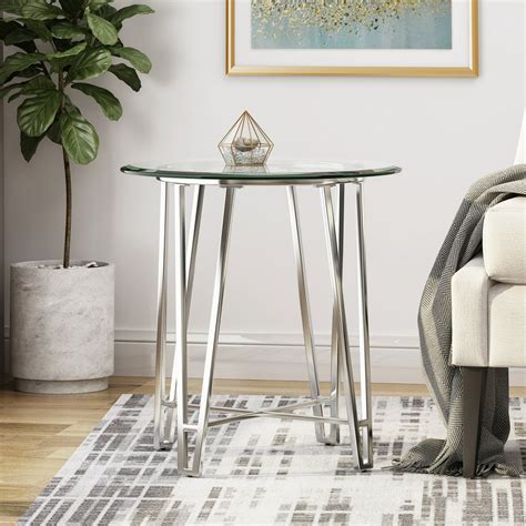 Noble House Nhi Modern Iron End Table With Round Tempered Glass Top