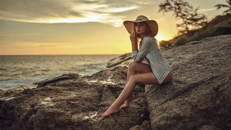 Wallpaper Ksenia Kokoreva Sunset Hat Shirt Sea Sitting Brunette