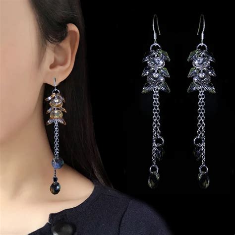 lnrrabc 2018 fashion 1pair alloy long crystal tassels drop earrings for women girls graceful new