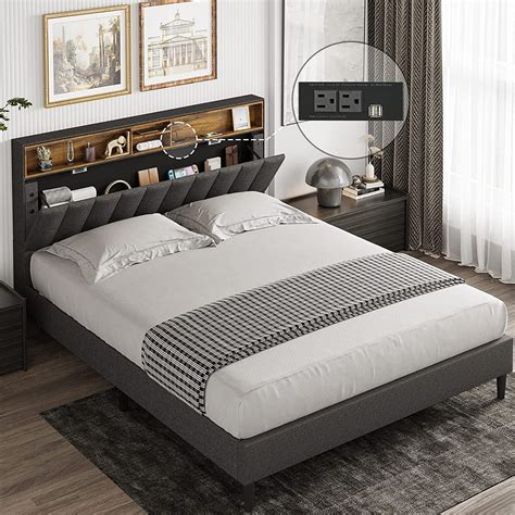 Adorneve Queen Size Platform Bed Frame Modern Fabric Upholstered Bed With Power Strip And