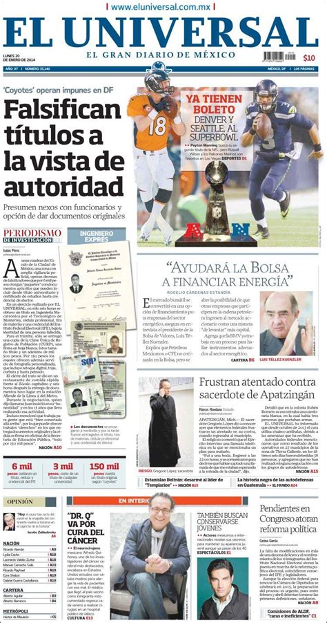 Periódico El Universal México Periódicos De México Edición De Lunes 20 De Enero De 2014