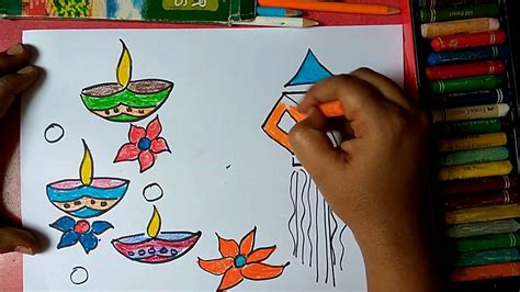 How To Draw Colourful Diya And Lantern For Diwali Wishes Step By Step