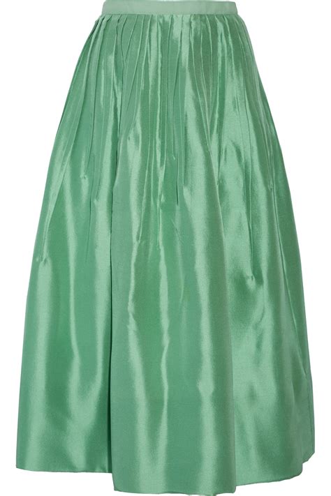 Lyst Oscar De La Renta Pleated Silk Satin Midi Skirt In Green Save 28
