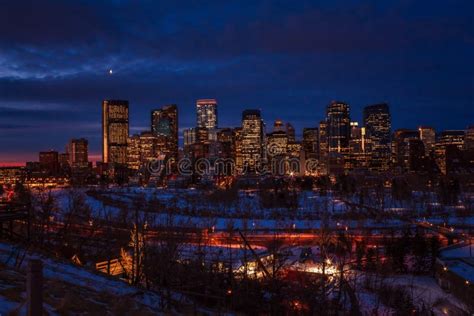 City Of Calgary Skyline Glowing At Night Editorial Photography Image
