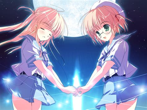 2girls Glasses Green Eyes Hat Long Hair Mikeou Moon Night Original Pink