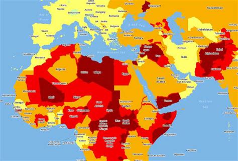 here s a map of world s most dangerous countries for travelling