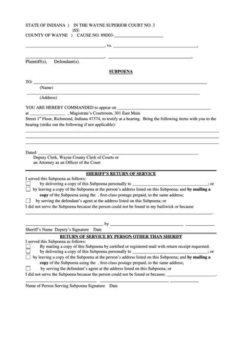 Fillable Subpoena Form Wayne Superior Court Iii Printable Pdf Download