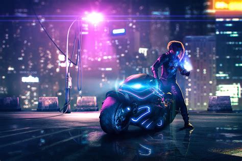 Change size of cyberpunk images and customize cyberpunk backgrounds to device. Cyberpunk Bike Street Light, HD Artist, 4k Wallpapers, Images, Backgrounds, Photos and Pictures