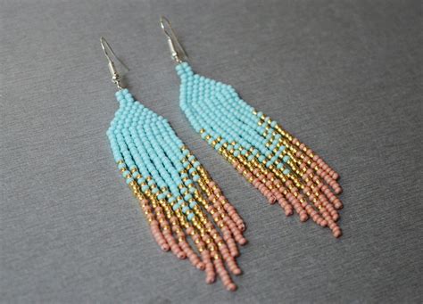 Turquoise And Gold Native Beaded Fringe Earrings Gift For Bridesmaid