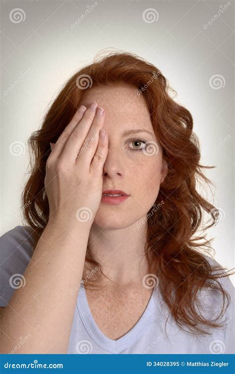 Pretty Red Haired Woman Holds Hand Before Eyes Stock Image Image Of