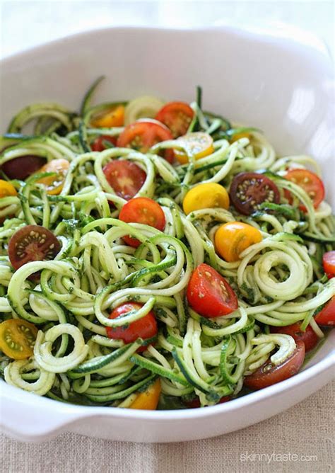Raw Spiralized Zucchini Noodles With Tomatoes And Pesto Skinnytaste