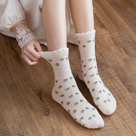 Cute Ruffle Women Socks Floral Print Casual Long Sock For Etsy