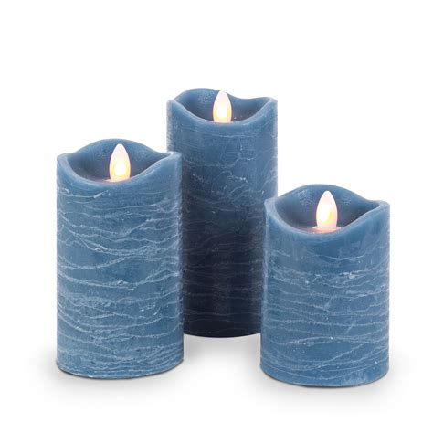 Gerson Set Of Three 3 Blue Led Pillar Candles With Aurora Flame And