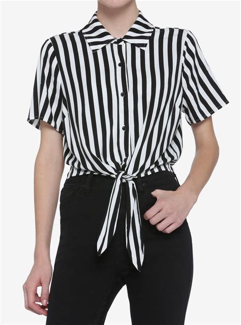Black And White Stripe Tie Front Girls Woven Button Up Black Striped