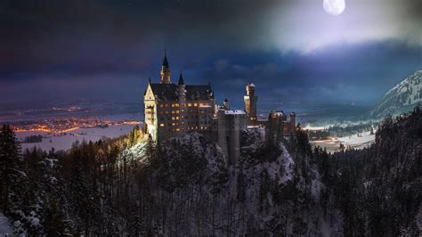 Neuschwanstein Castle Castle Germany Night Moon Landscape Snow