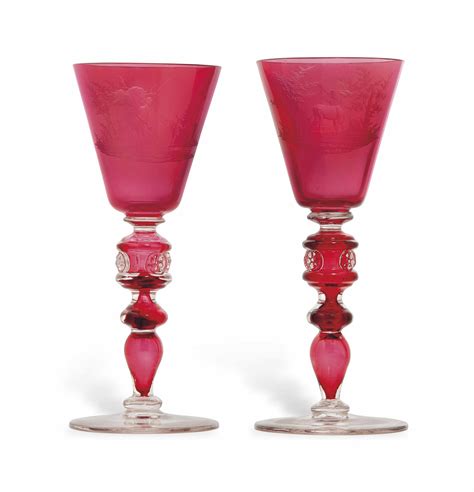 A Pair Of Bohemian Ruby Stained Engraved Glass Goblets Circa 1900 Christie S