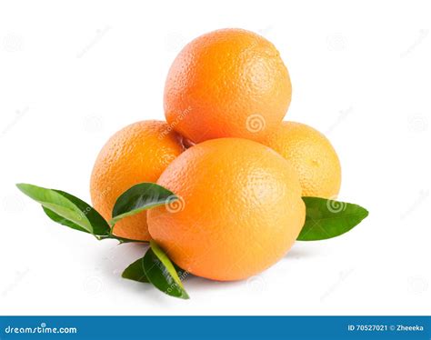 Three Oranges With Leaves Isolated On White Background Stock Image
