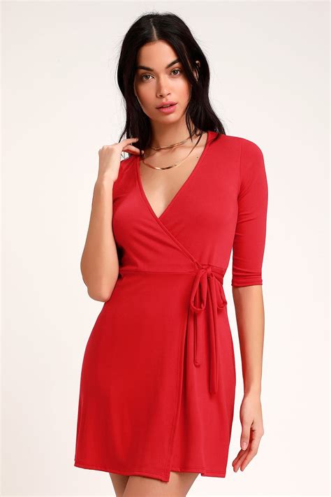 All At Once Red Three Quarter Sleeve Wrap Dress Red Wrap Dress Wear Red Dress Cute Red Dresses