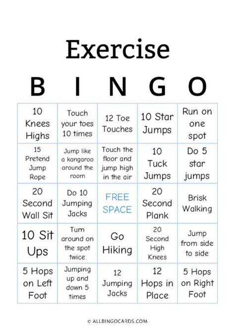 Printable Exercise Bingo