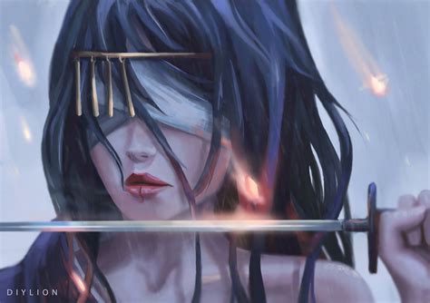 Download Woman Warrior Black Hair Face Blindfold Sword Fantasy Women