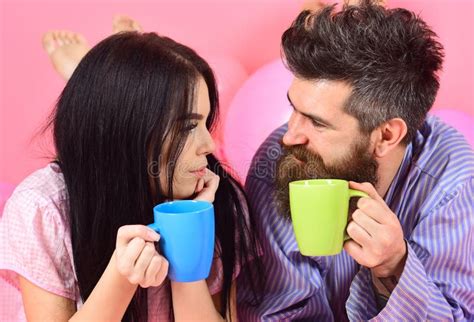 Couple Relax In Morning With Coffee Couple In Love Drink Coffee In Bed
