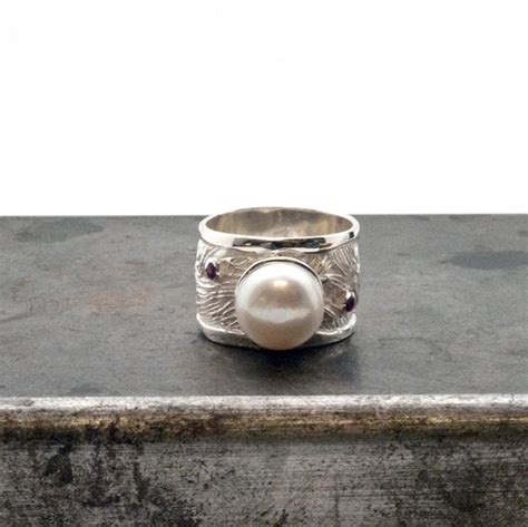 Pearl Ring Big Sterling Silver Wide Band Pearl Ring With Rubies Or