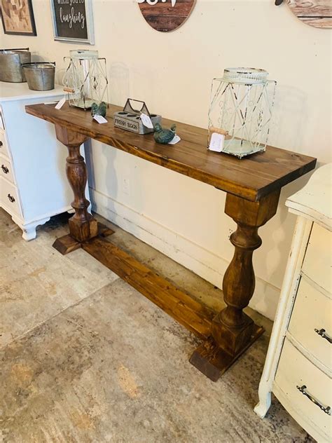 Rustic Farmhouse Entryway Table With Shelve And Turned Legs Stained A