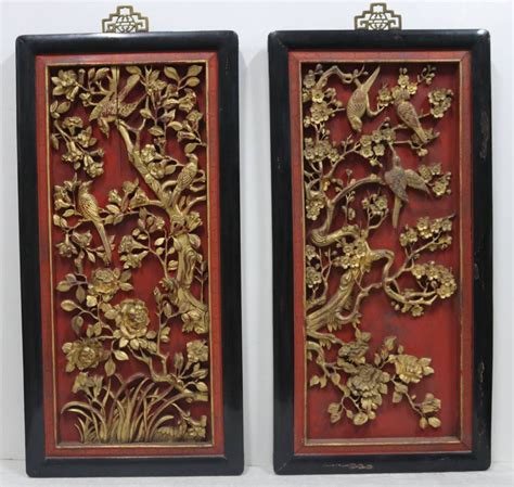 Qing Dynasty Set Of 4 Superb Chinese Red Lacquered And Gilt Carved Wood