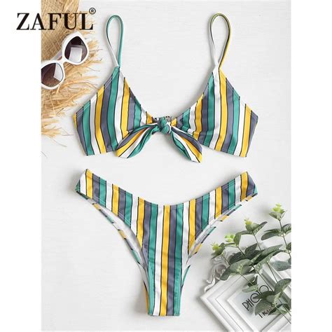 Zaful Knotted Striped Bikini Color Block Swimwear Women High Cut Swimsuit Sexy Spaghetti Straps