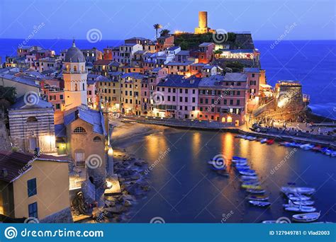 Aerial View Of Vernazza Vilagge Illuminated At Dusk On Mediterranean